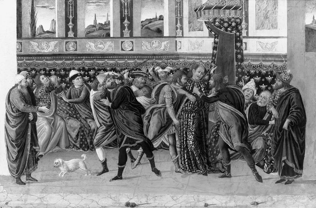 Julius Caesar's assassination, by Jacopo da Sellaio, paint, 1490