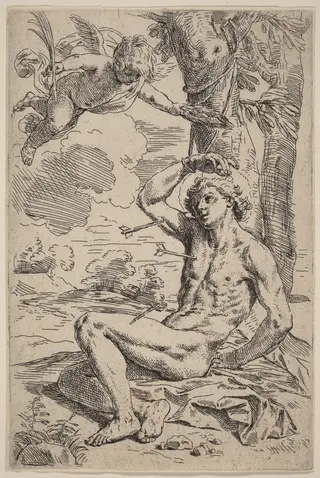 Saint Sebastian, by Simone Cantarini, ink, 1644