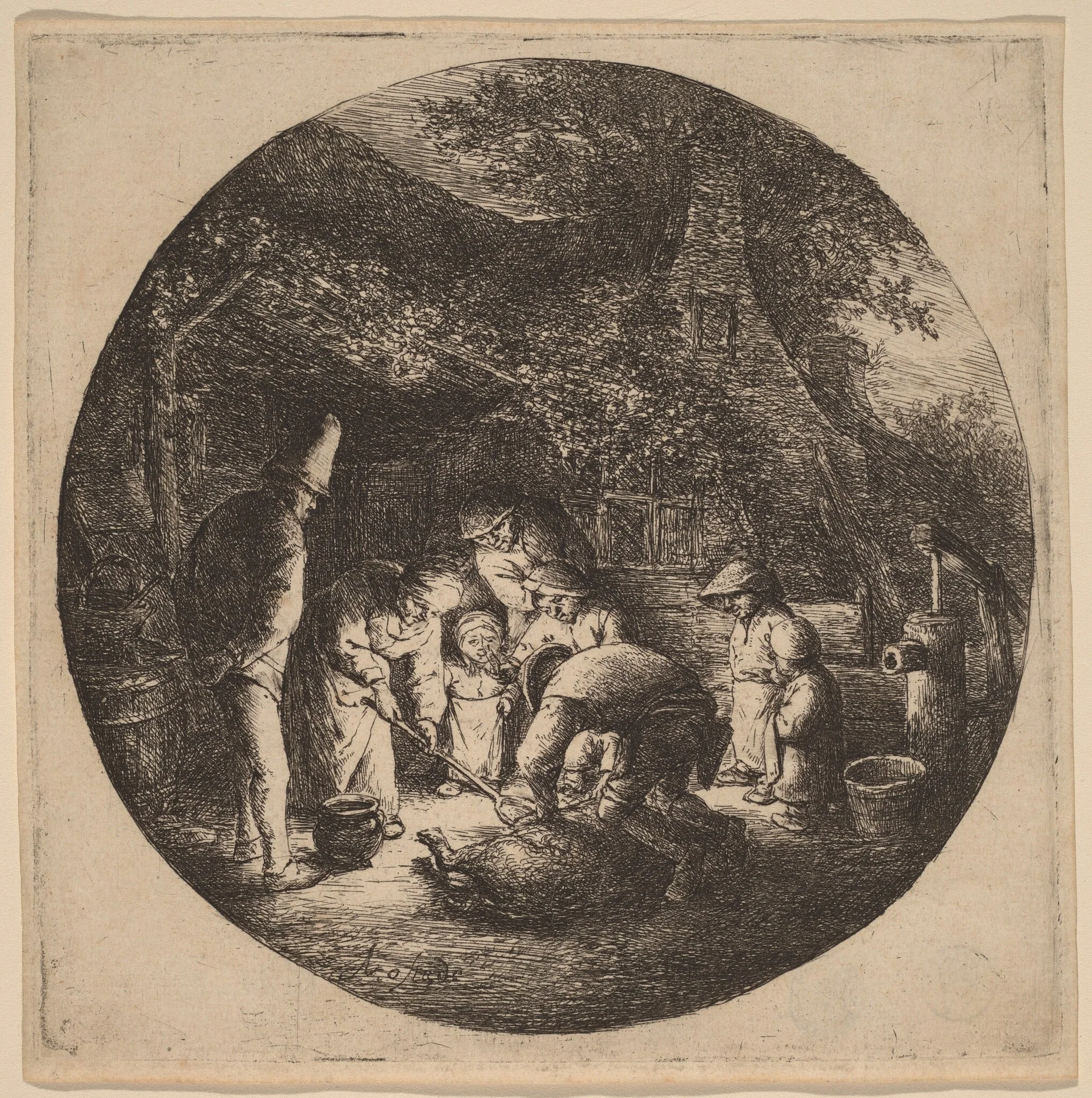 Peasants Outside a Farm Slaughtering a Pig, detail