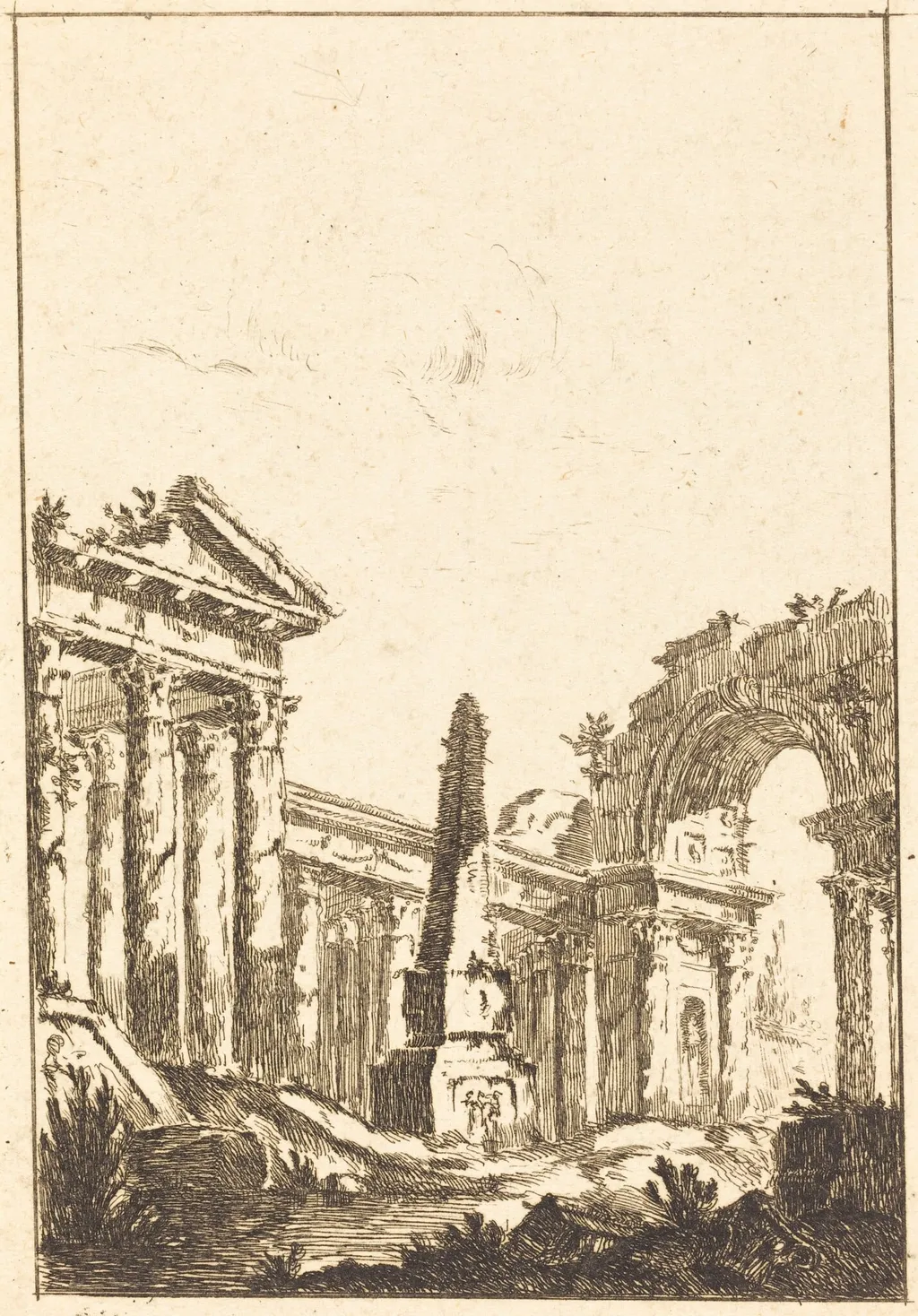Capriccio with Ruins and an Obelisk, by Jérôme Charles Bellicard, ink, 1726