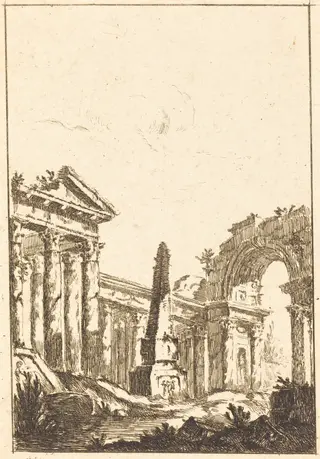 Capriccio with Ruins and an Obelisk, by Jérôme Charles Bellicard, ink, 1726