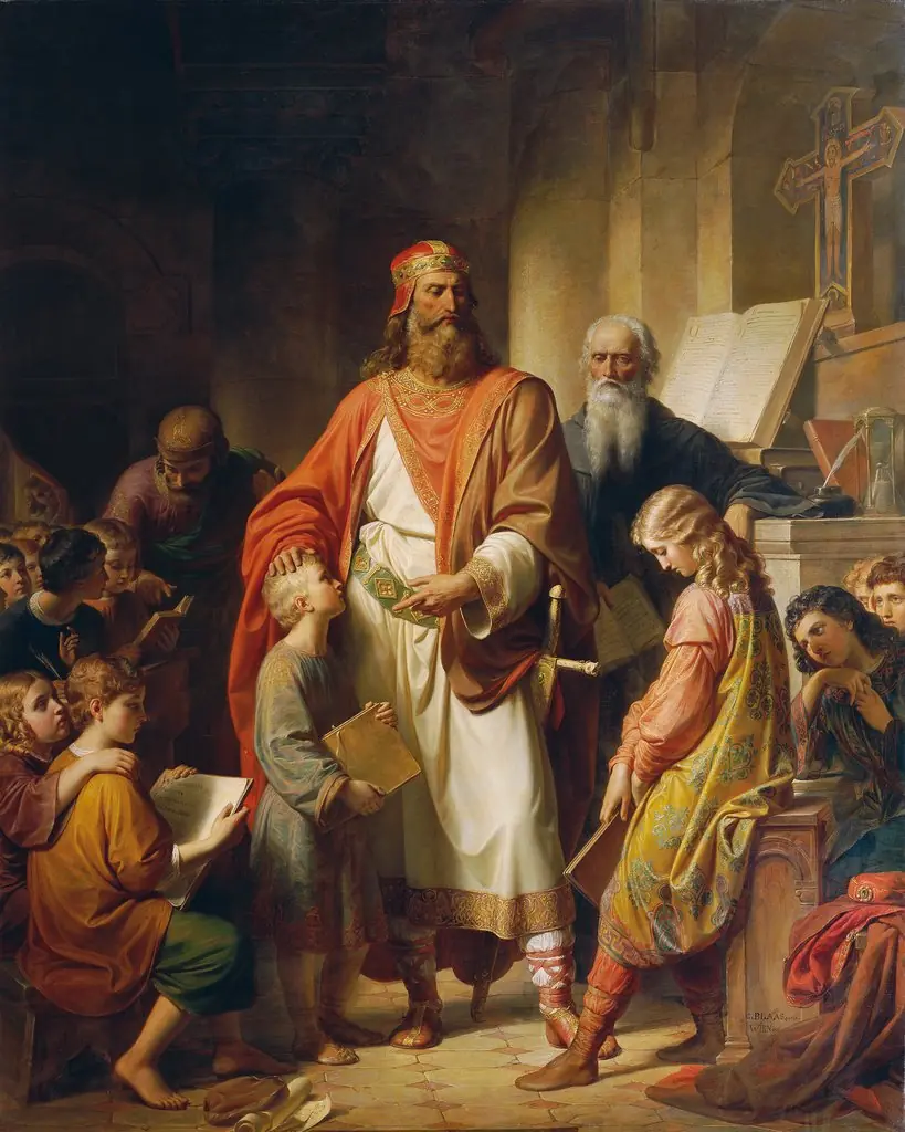 Charlemagne reprimands the neglectful students, by Karl von Blaas, oil, 1855