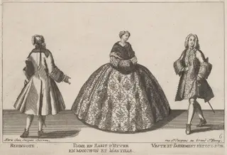 Redingote/Dame en Habit d'Hyver en Manchon/Veste et Parrement d'Etofe d'Or, by Jacques Chéreau, ink, 1724