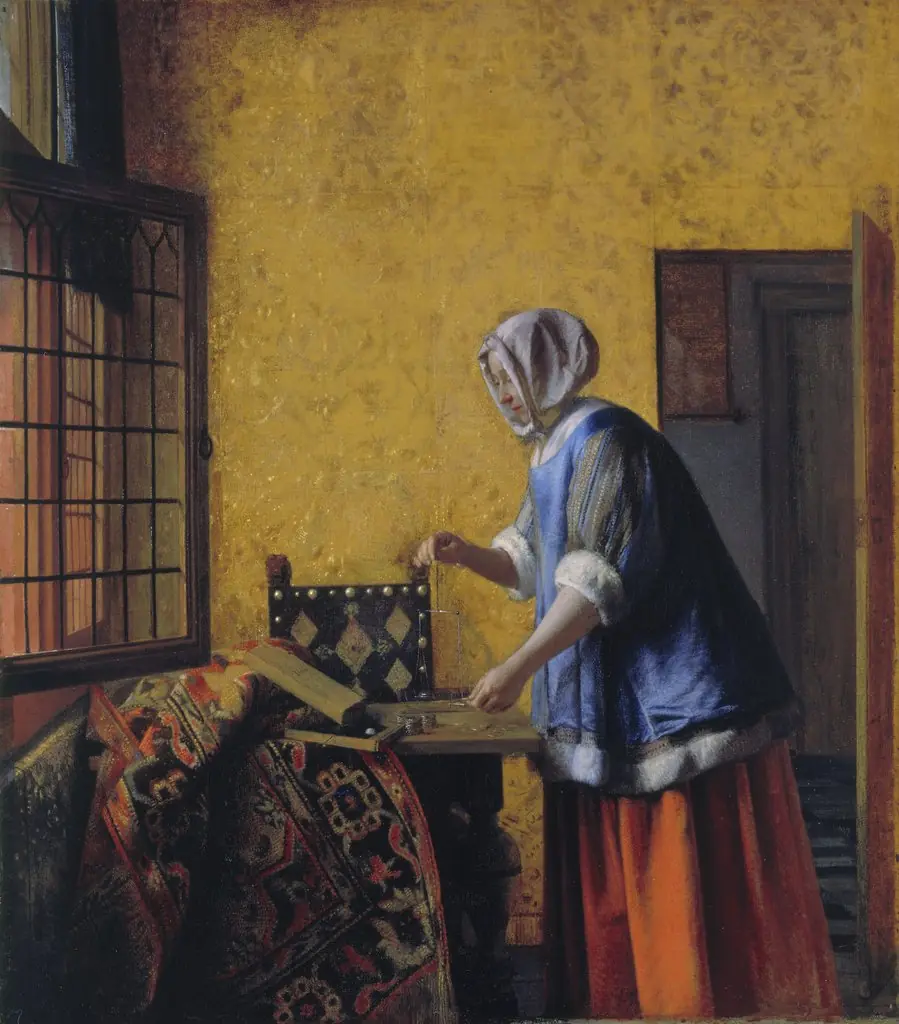 Interior with a Woman weighing Gold Coin, by Pieter de Hooch, oil, 1659
