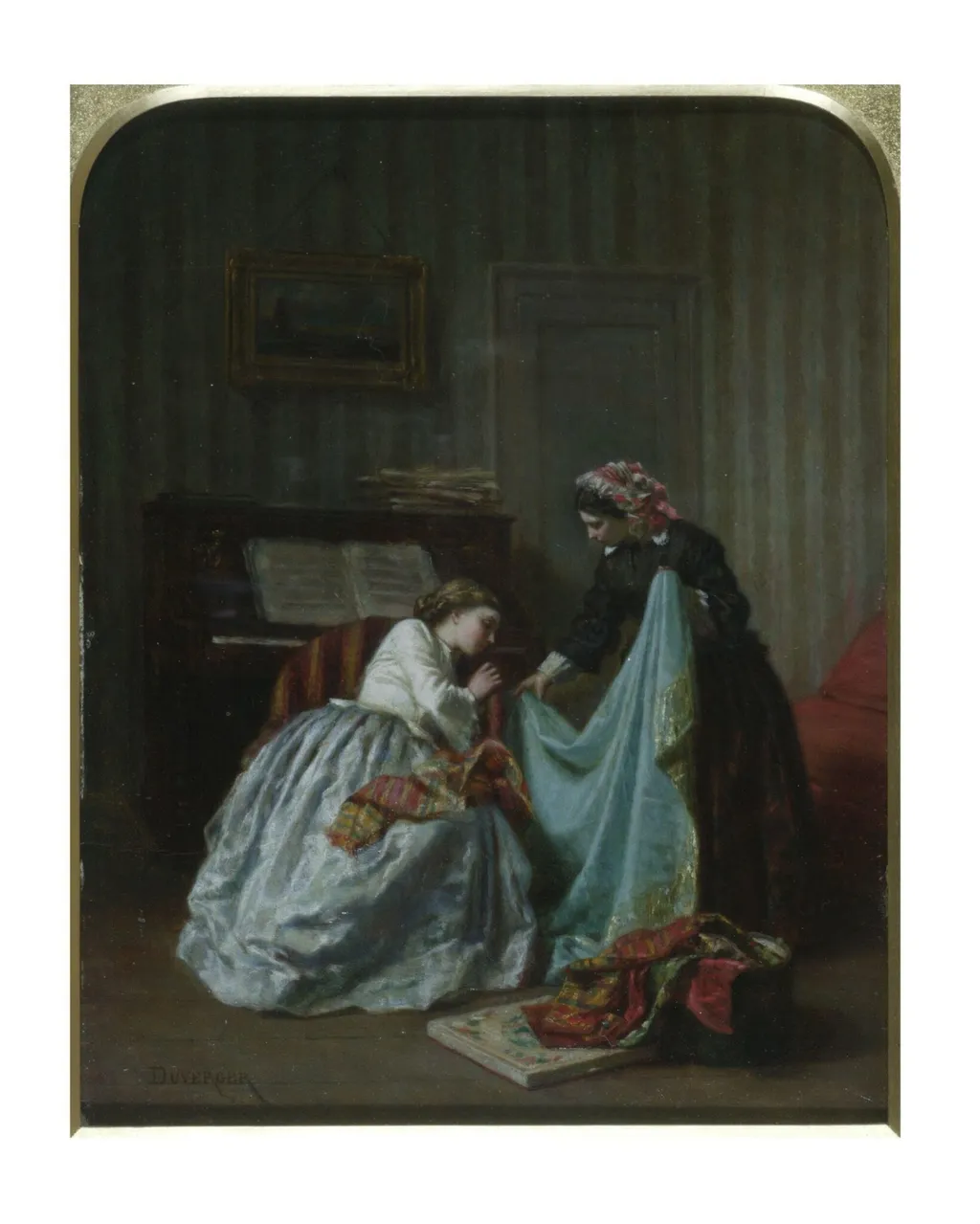 Interior with two women examining cloth, by Théophile Emmanuel Duverger, oil, 1850