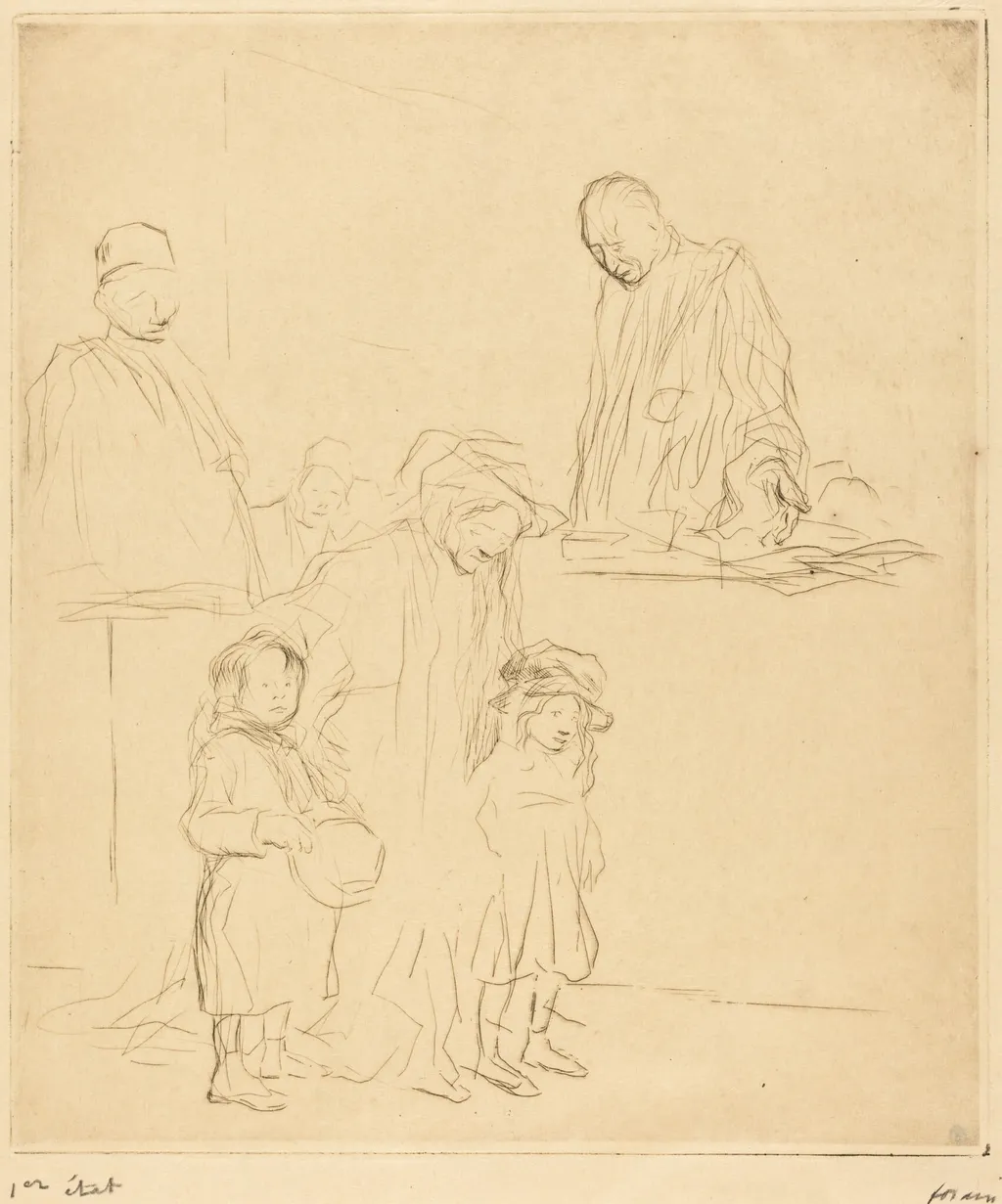 La sortie de l'audience (1ère planche) (Coming Out of the Hearing) (first plate), by Jean-Louis Forain, ink, 1909