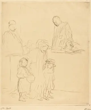 La sortie de l'audience (1ère planche) (Coming Out of the Hearing) (first plate), by Jean-Louis Forain, ink, 1909