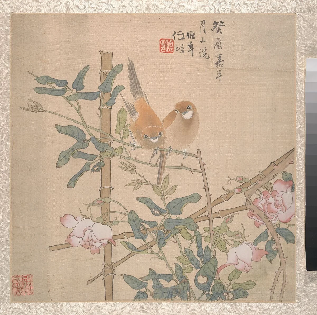 清 任頤 冊頁|Two Birds Perched on a Flowering Rose Bush, detail