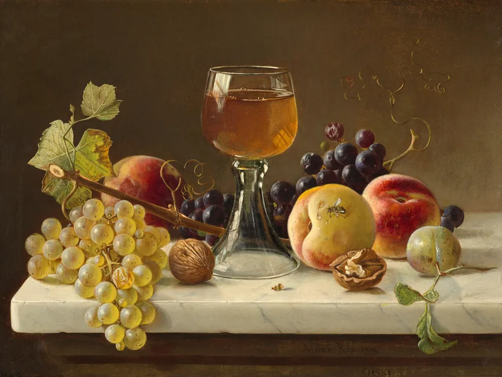 Marble Tabletop with Fruit and Wineglass, by Milne Ramsey, oil, 1869
