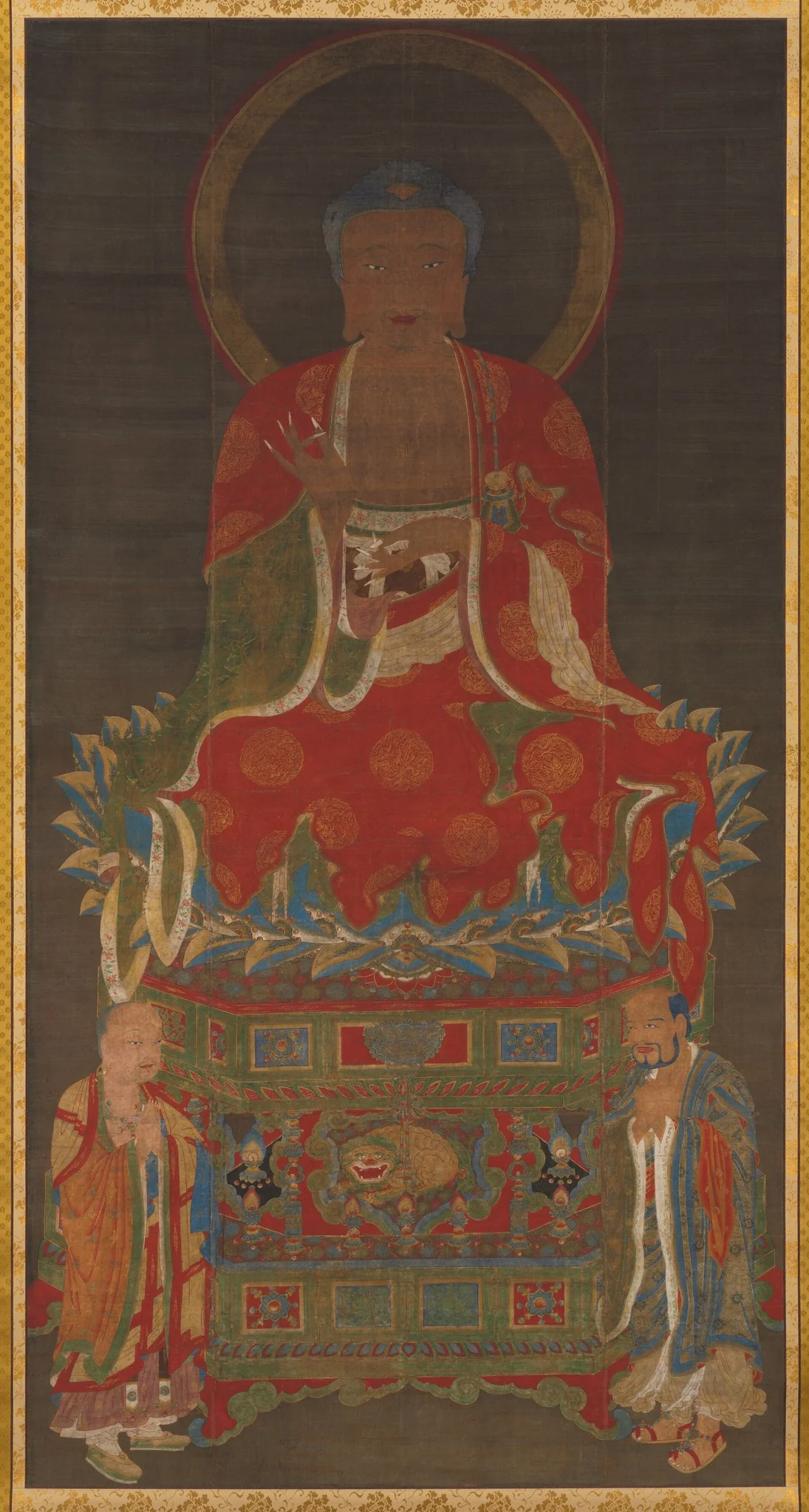 Shakyamuni with two attendants, detail