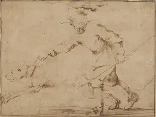 Huntsman with a Hound on a Leash, by Stefano Della Bella, ink, 1637