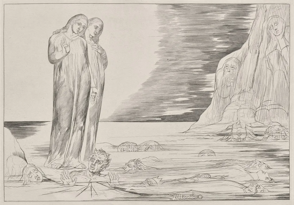 The Circle of the Traitors: Dante's Foot Strriking Bocca degli Abbate, from Dante's Inferno, Canto XXXII Illustration to Dante's The Divine Comedy, by William Blake, 1827