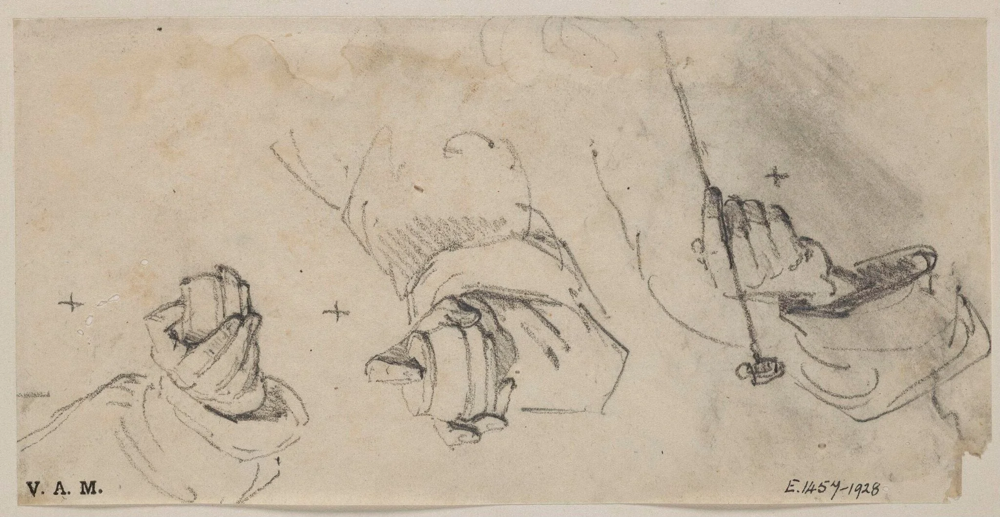 Three drawings of a hand grasping different objects, detail