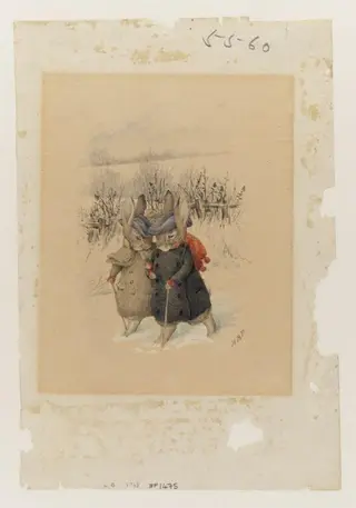 Two rabbits in hats and coats with walking sticks walking through snow, by Beatrix Potter, watercolor, 1890