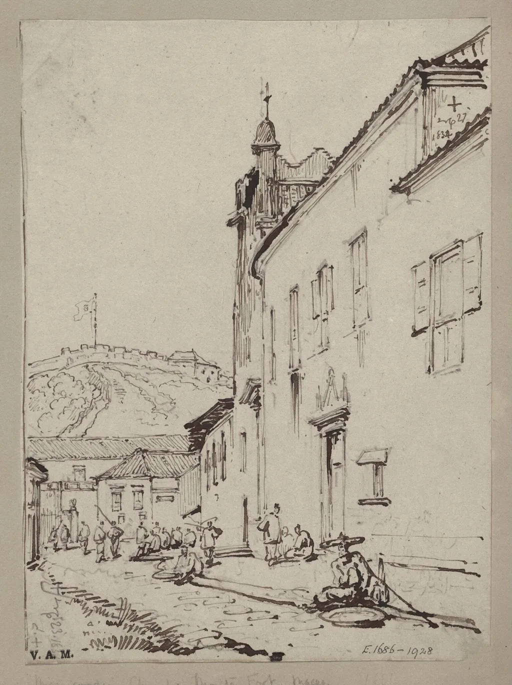 A view past the Misericordia Church towards Fort Monte, Macau, by George Chinnery, 16