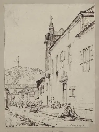 A view past the Misericordia Church towards Fort Monte, Macau, by George Chinnery, 16