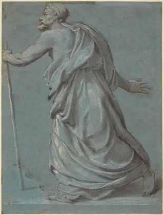 Study of a Man Walking towards the Left Holding a Staff, by Girolamo Siciolante, ink, 1550