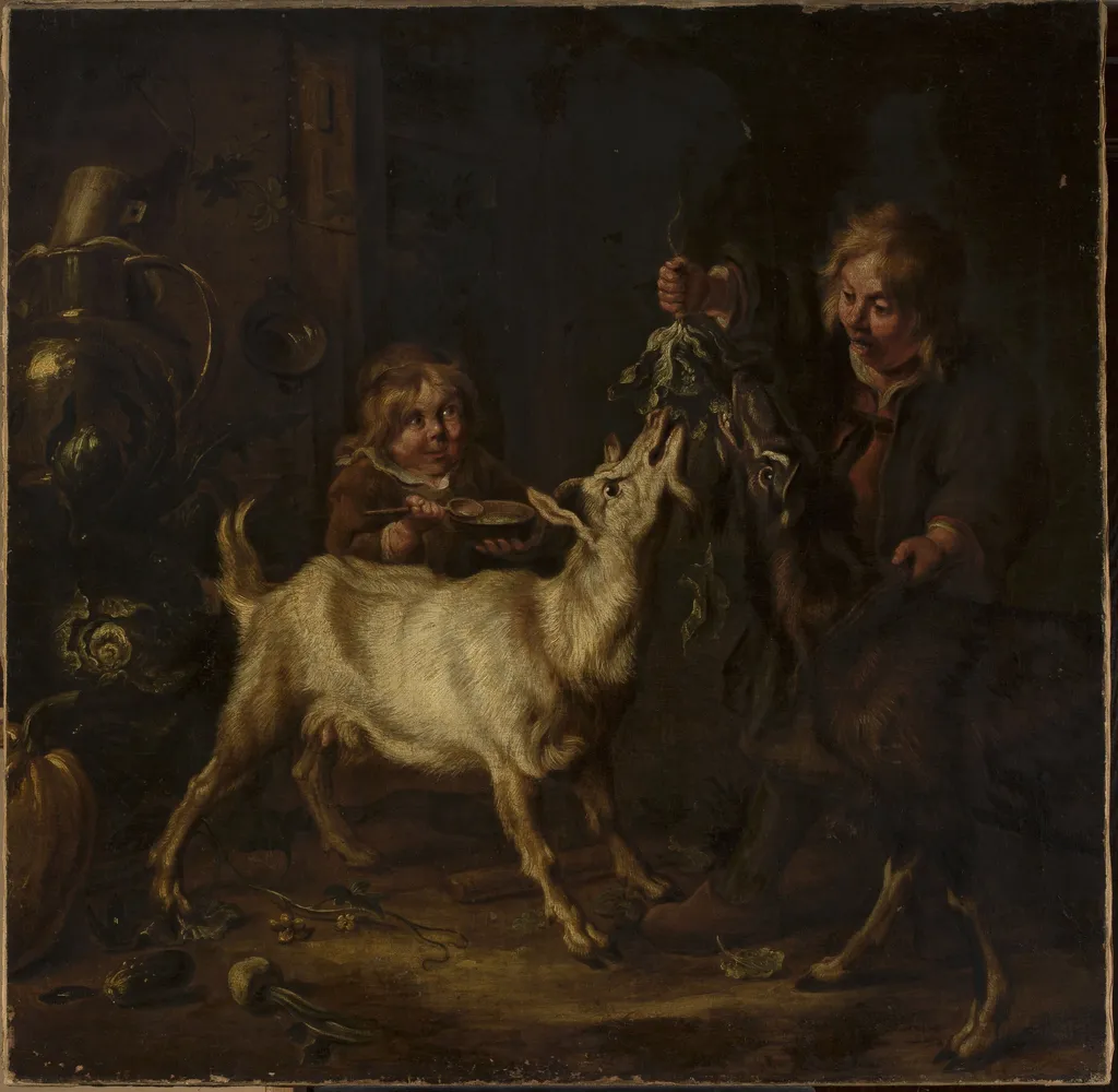 Children feeding goats, by Johann Heinrich Roos, oil, 1668
