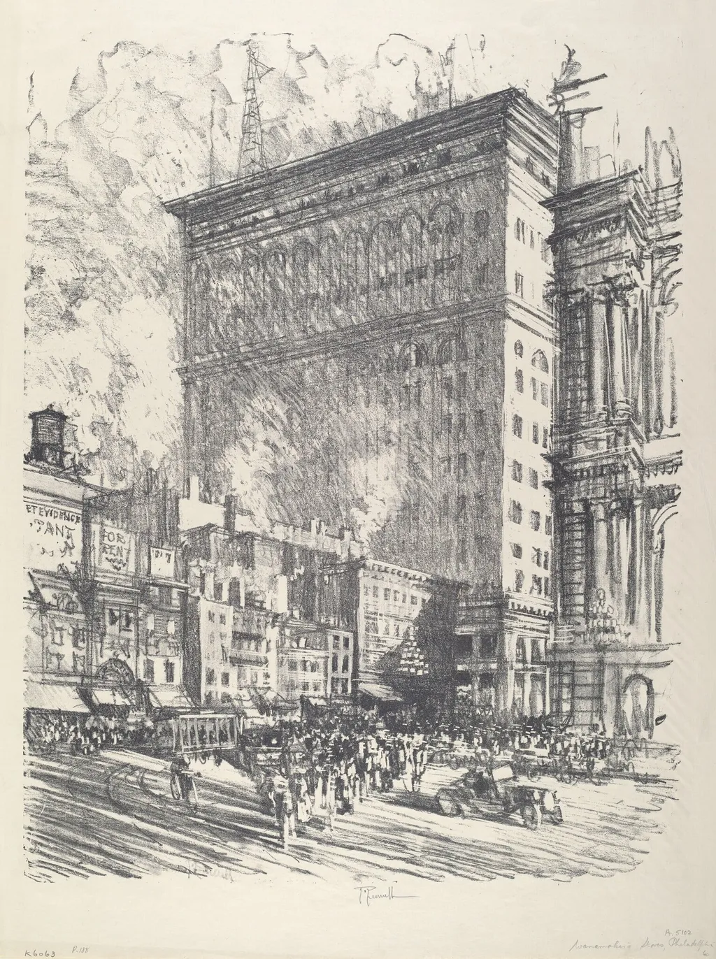 City Hall Square and Wanamaker Building, by Joseph Pennell, ink, 1912