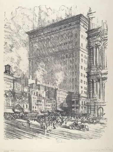 City Hall Square and Wanamaker Building, by Joseph Pennell, ink, 1912