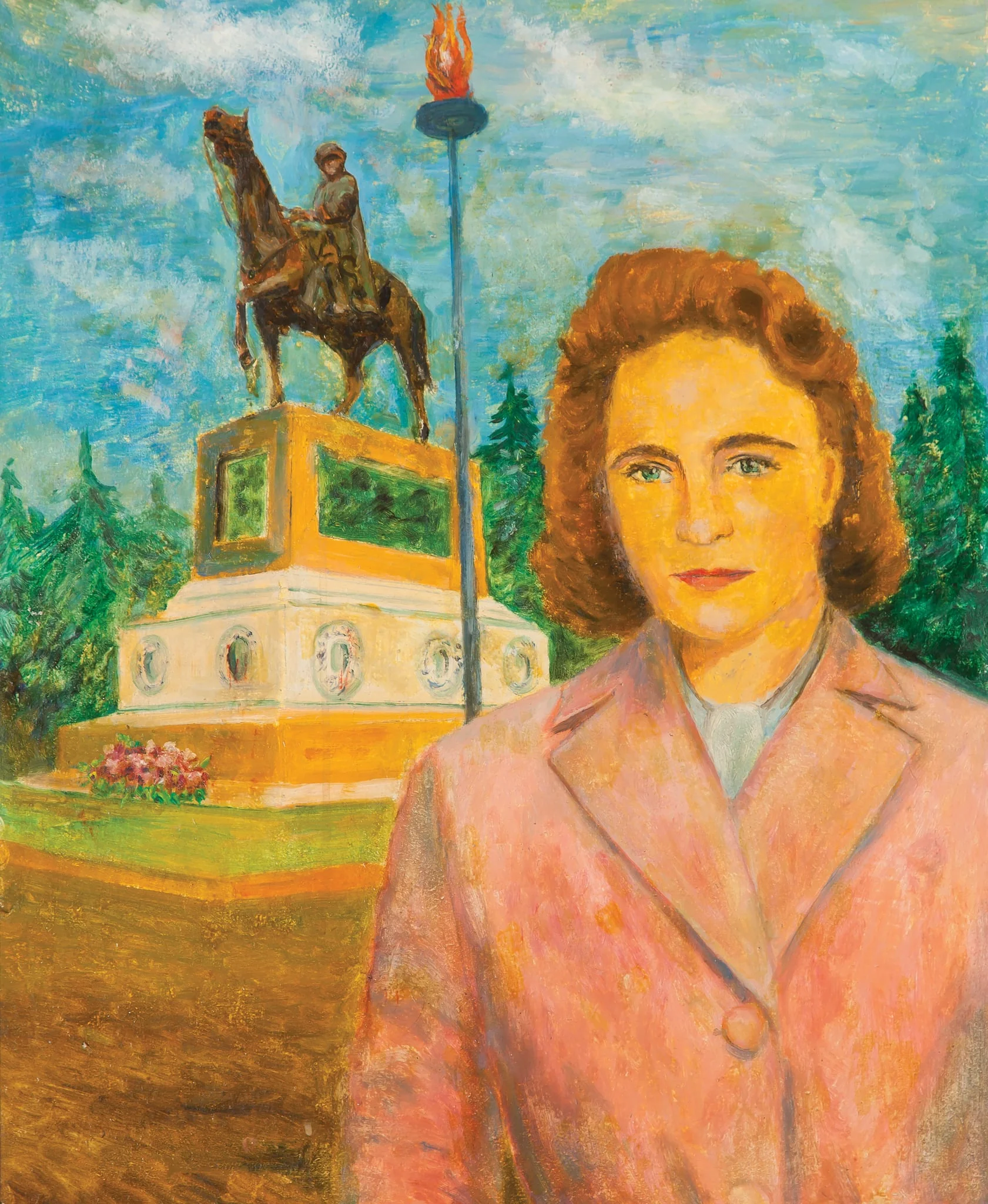 Tablou, ulei pe pânză, Elena Ceaușescu în fața monumentului lui Ataturk, semnat stânga jos Rami Uluer, nedatat. Oferit de autor, președinte al Asociației Pictorilor Turci din Ankara (1985)., detail