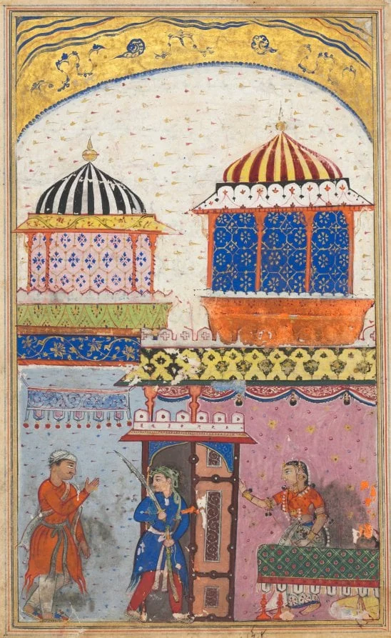 A woman asks her lover to leave her house, brandishing his sword and feigning rage in order to deceive her husband who has just arrived, from a Tuti-nama (Tales of a Parrot): Eighth Night, detail