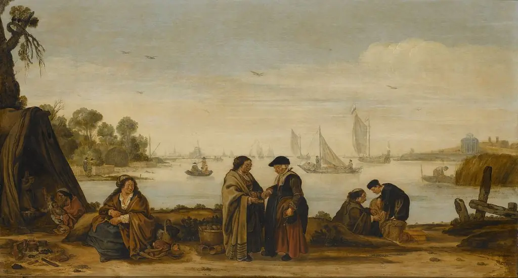 River landcape with gypsies, by Arent Arentsz, oil, 1628