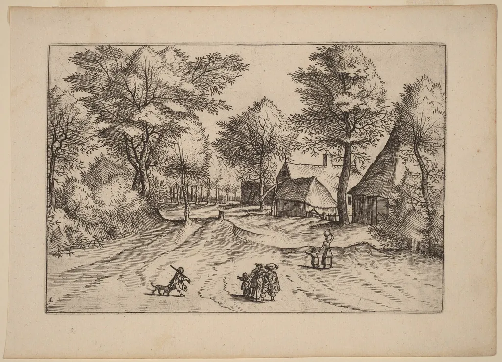 Village Road with Farm and Sheds, by Lucas van Doetechum, ink