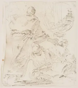 Recto: Three monks; verso: Slight sketch of a woman reclining, above: The lower portion of another figure, by Giovanni Battista Tiepolo, 1750