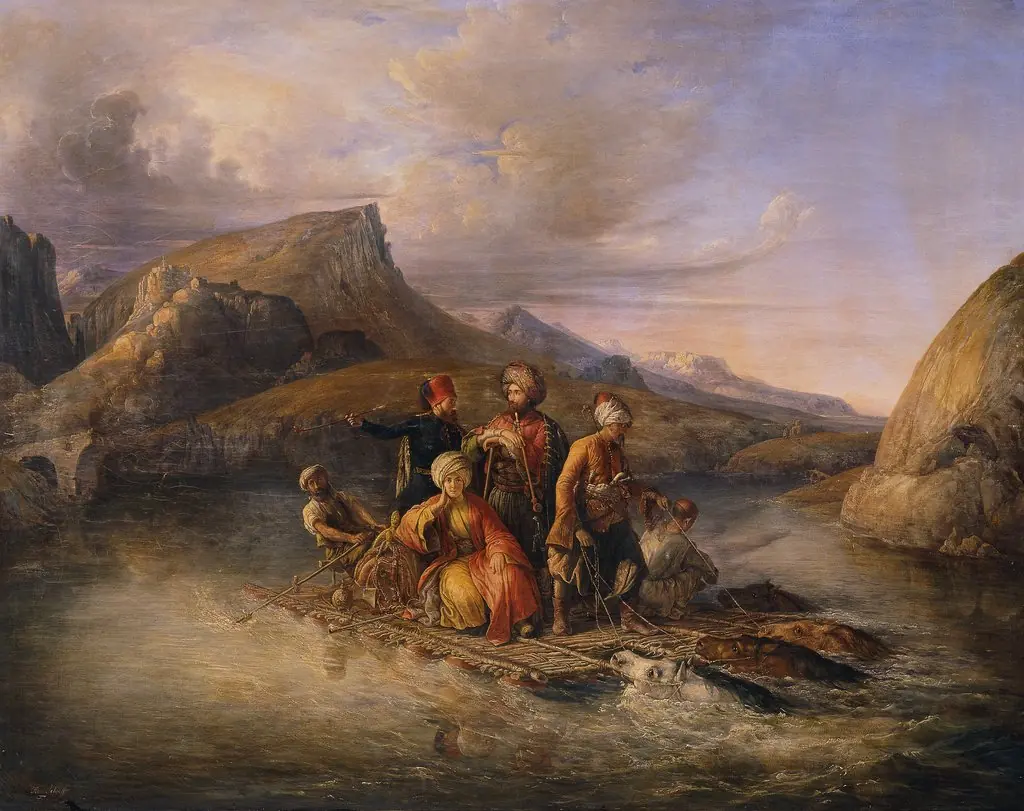 Überfahrt über den Tigris, by Ágoston Schoefft, oil, 1858