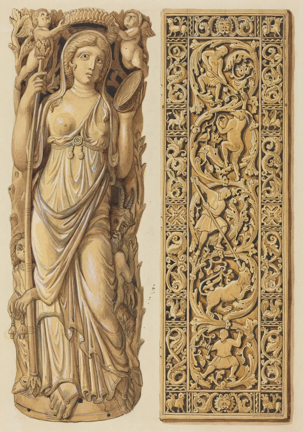 Renderings of an Ivory Carving of Ariadne from the 6th Century and an Ivory Plaque from the 9th Century, by Herman Wilhelm Soltau, graphite, 1836