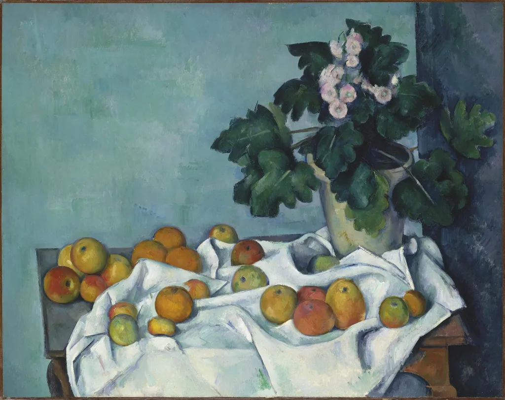 Still Life with Apples and a Pot of Primroses, by Paul Cézanne, oil, 1896