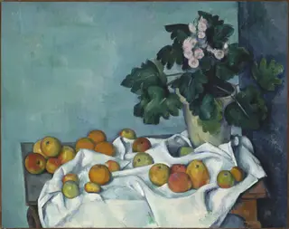 Still Life with Apples and a Pot of Primroses, by Paul Cézanne, oil, 1896