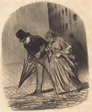 Inconvénient d'un parapluie a ressorts trop compliqués, by Honoré Daumier, ink, 1847