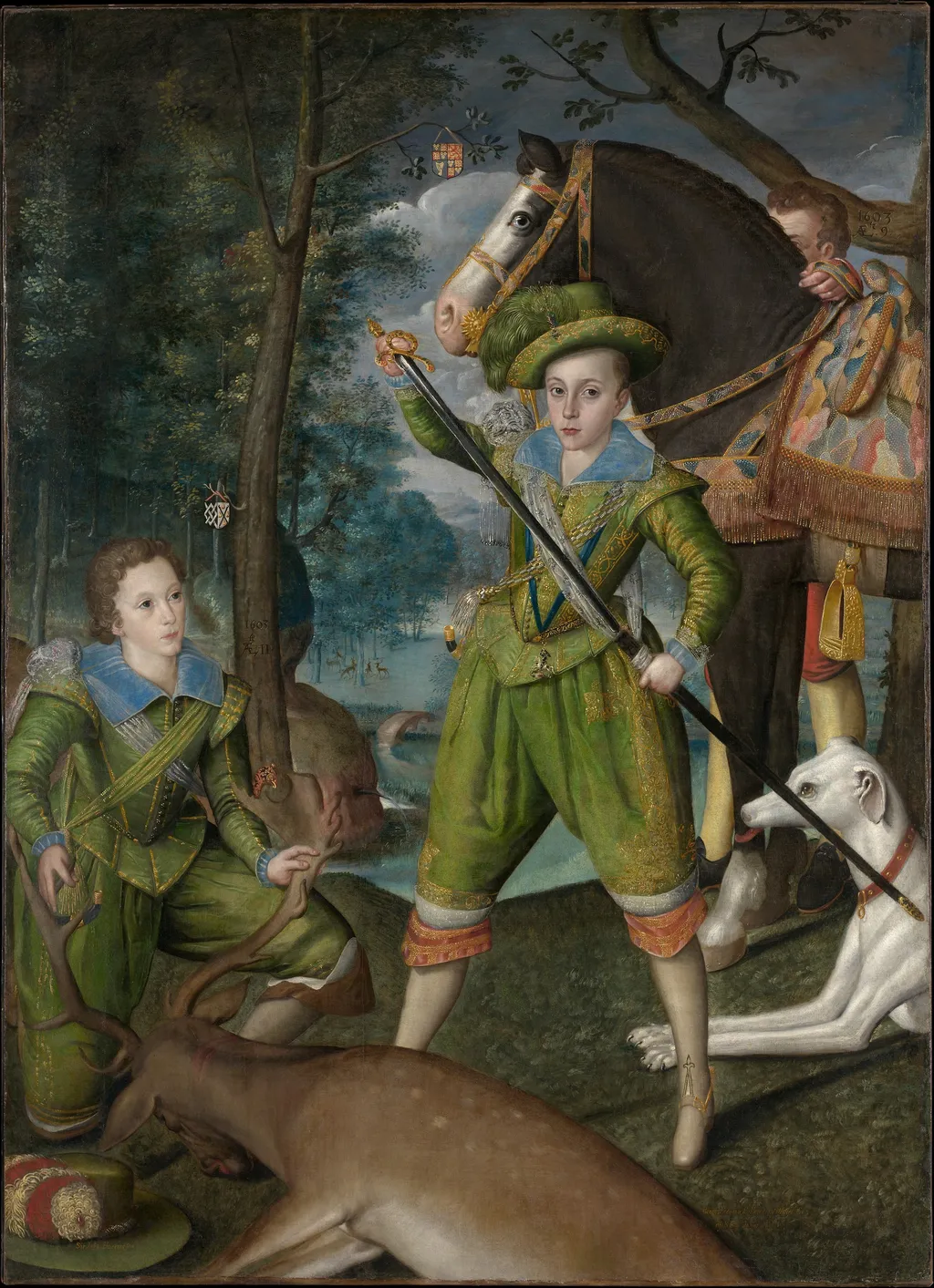 Henry Frederick (1594–1612), Prince of Wales, with Sir John Harington (1592–1614), in the Hunting Field, by Robert Peake the elder, oil, 1603
