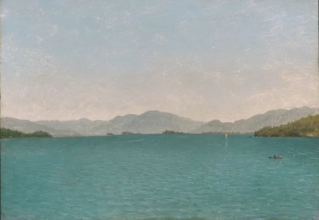 A working study of Lake George: the headland blocked in, the water set down in a handful of strokes, the picture caught in the act of deciding what to keep.