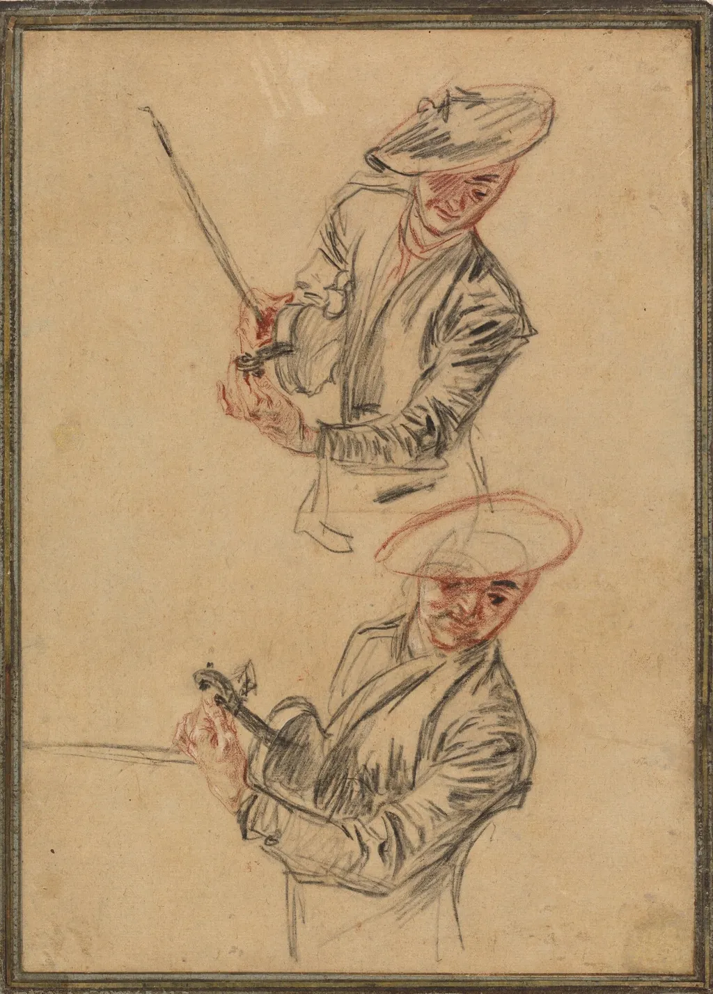 Two Studies of a Violinist Tuning His Instrument, by Jean Antoine Watteau, chalk, 1718