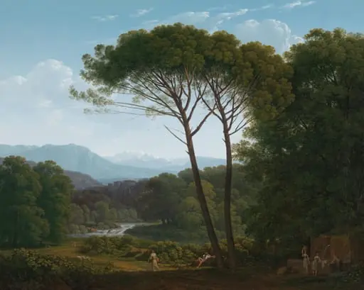 Italiaans landschap met pijnbomen, by Hendrik Voogd, unspecified, 1795