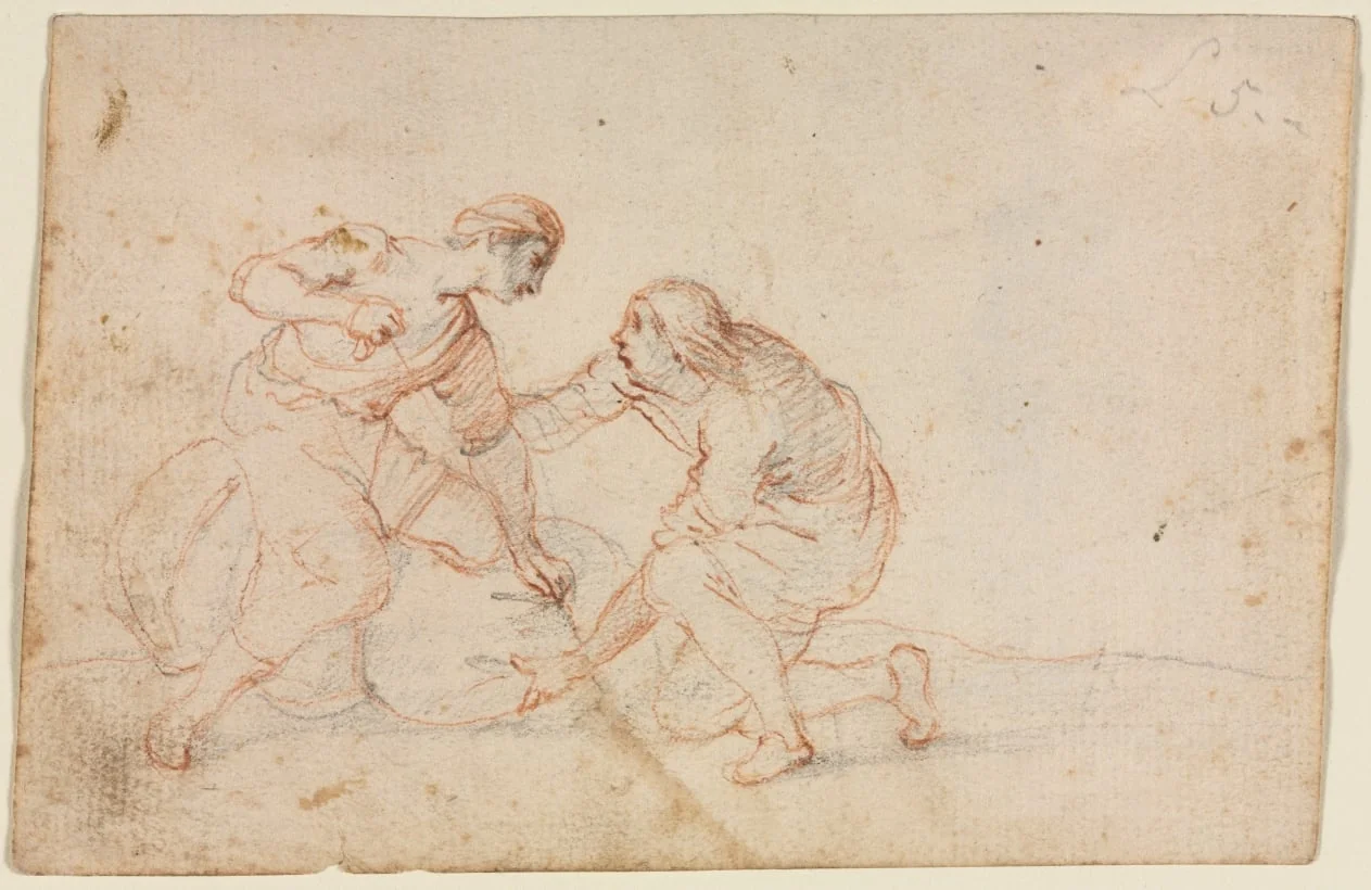 Two Men Tying a Bundle (recto), detail