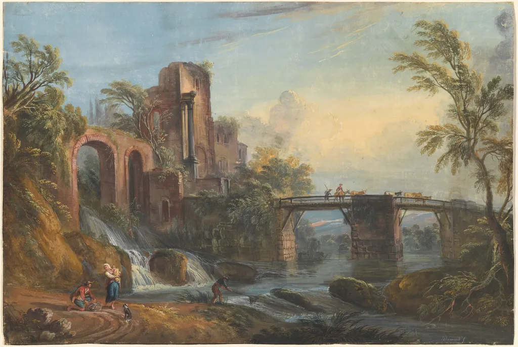 Dawn Landscape with Classical Ruins, by Jean-Baptiste Lallemand, gouache, 1764