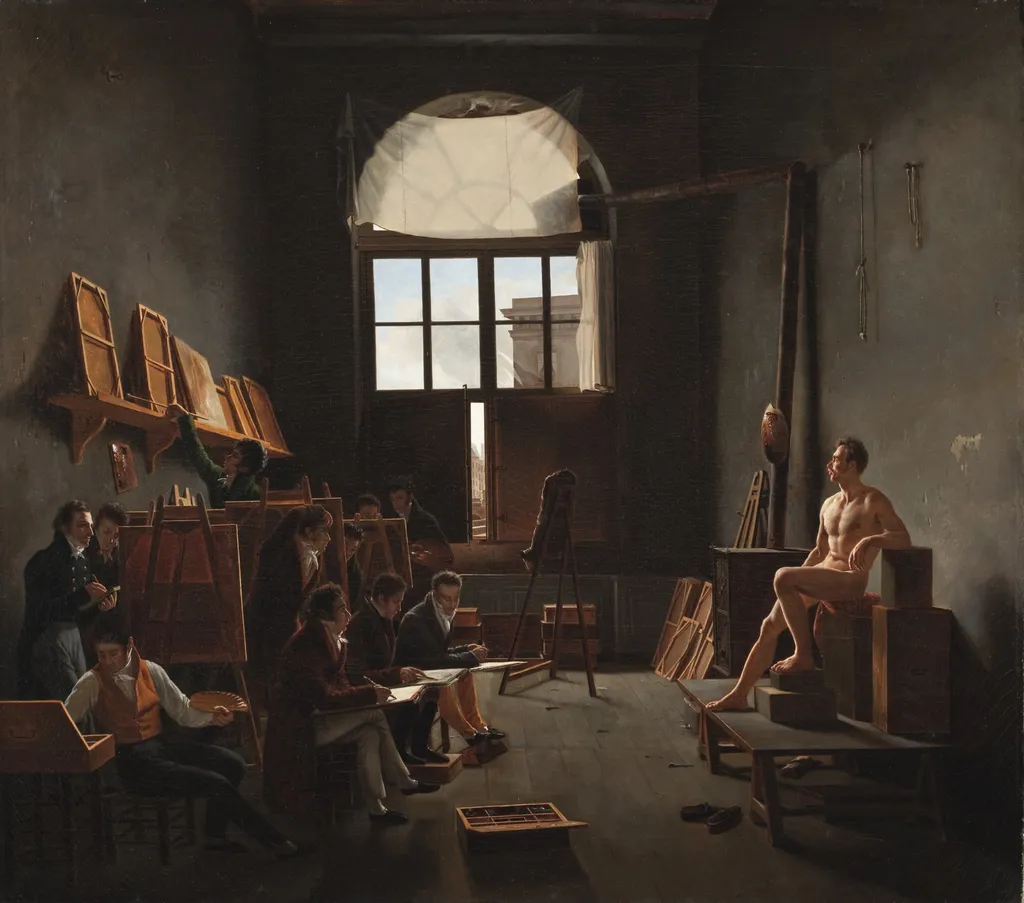 The Studio of Jacques-Louis David, by Mathieu Cochereau, oil, 1814