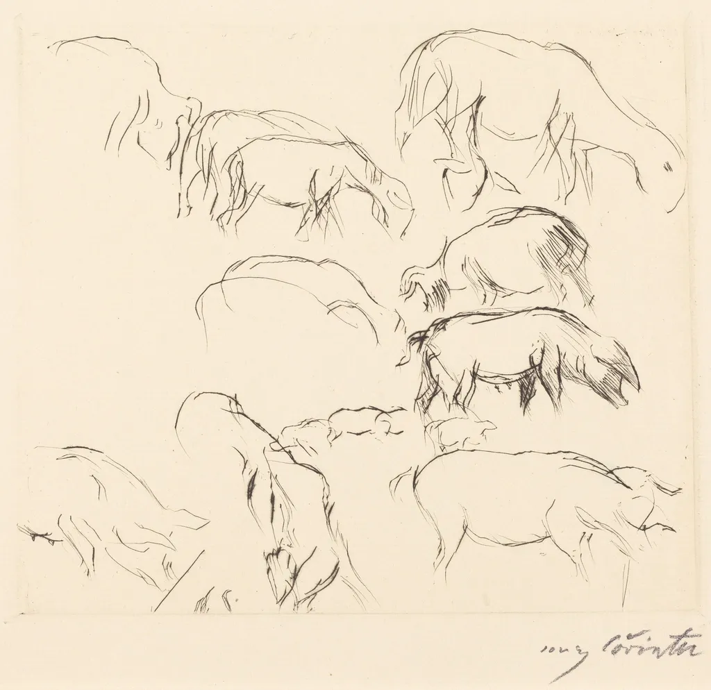 Verschiedene Tierstudien (Animal Studies), by Lovis Corinth, ink, 1917