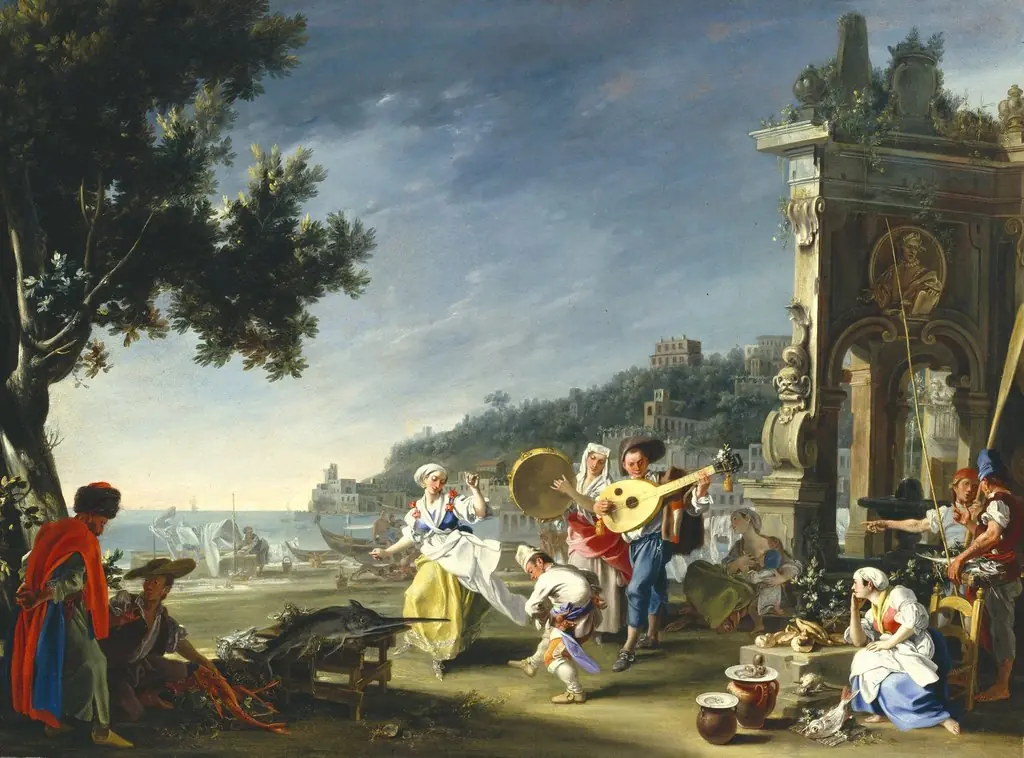 Tarantella at Mergellina, by Filippo Falciatore, oil, 1750