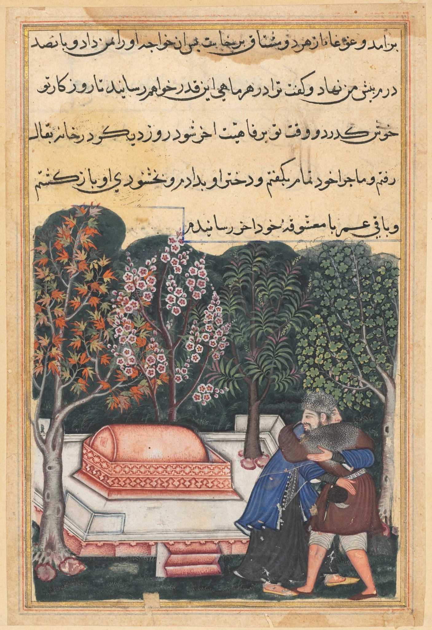 The young man of Baghdad reunited with his slave-girl, from a Tuti-nama (Tales of a Parrot): Forty-eighth Night, detail