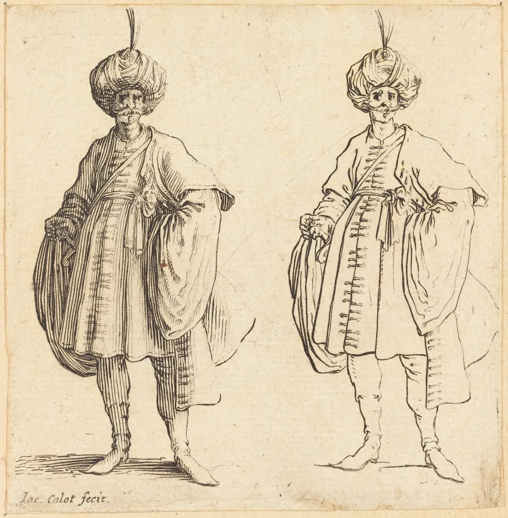 Two Turks Dressed in Turbans with a Plume, by Jacques Callot, ink, 1620