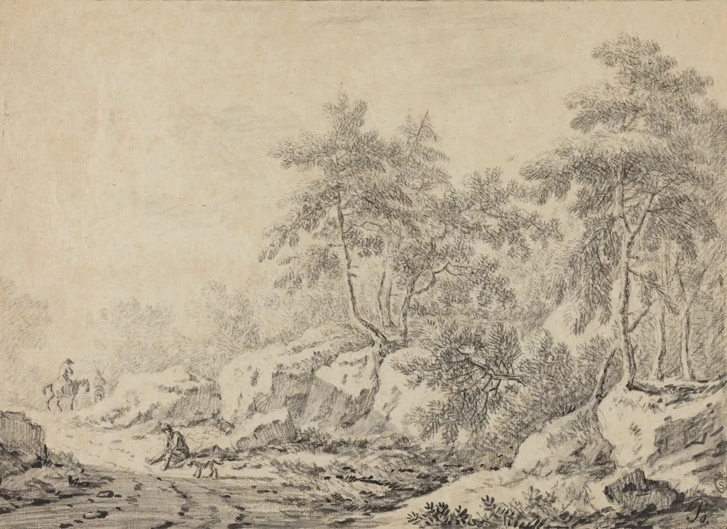 Travelers in a Rocky Wood, by Johann Christoph Dietzsch, chalk, 1740