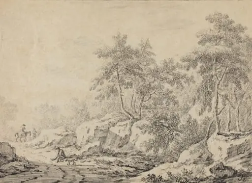 Travelers in a Rocky Wood, by Johann Christoph Dietzsch, chalk, 1740