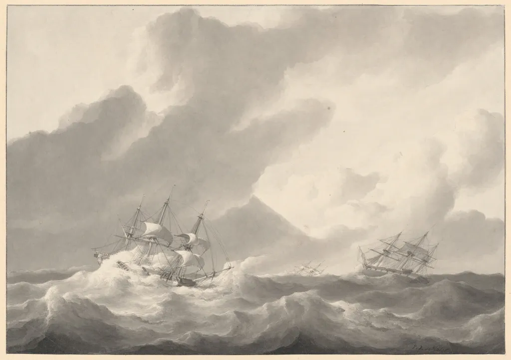 Ships in a Stormy Sea, by Petrus Johannes Schotel, ink, 1840