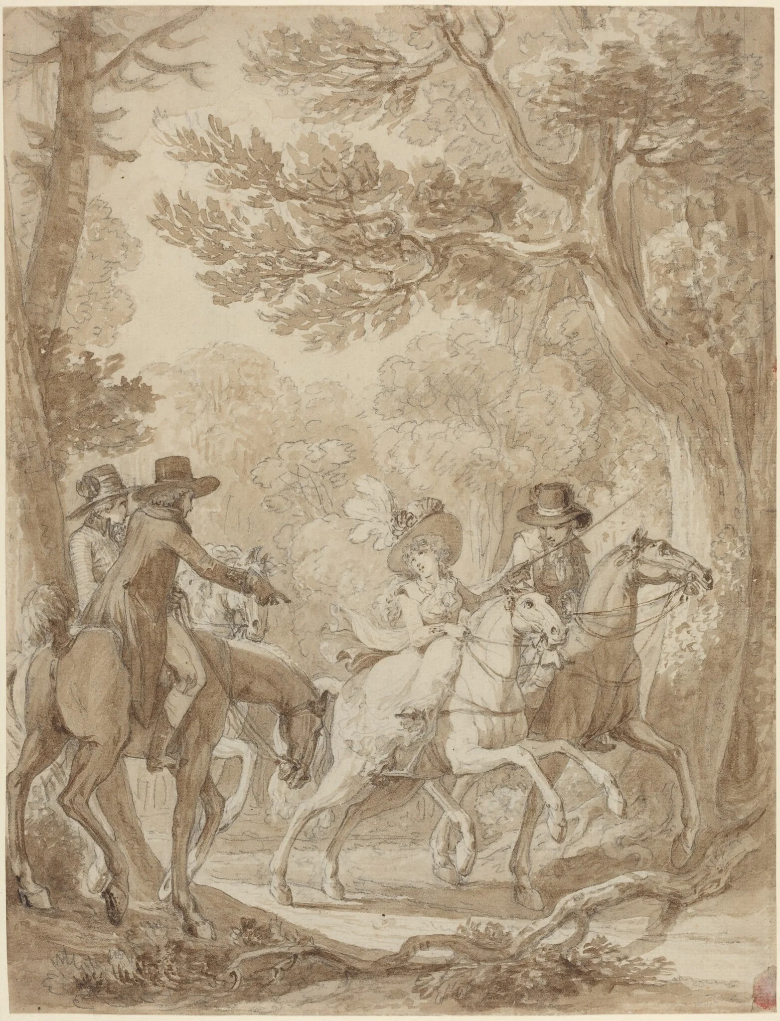Lady and Gentlemen Riding in a Park, detail