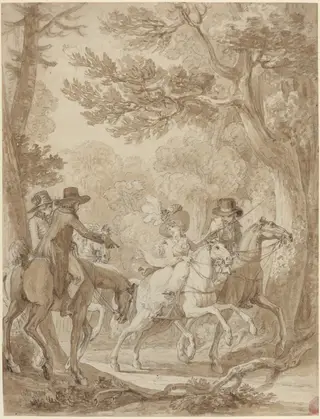 Lady and Gentlemen Riding in a Park, by Jean-Michel the Younger Moreau, ink, 1778